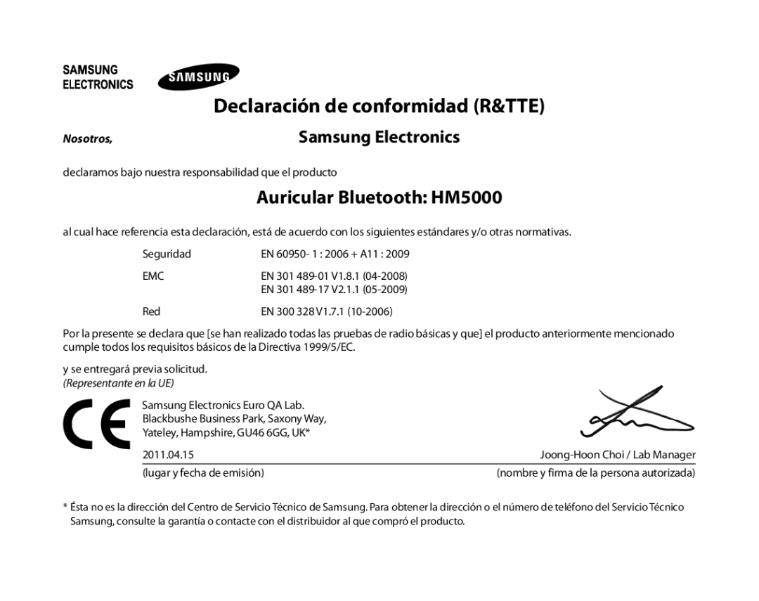 Samsung BHM5000EBECFOP, BHM5000EBECXEF Auricular Bluetooth HM5000, Se entregará previa solicitud. Representante en la UE 