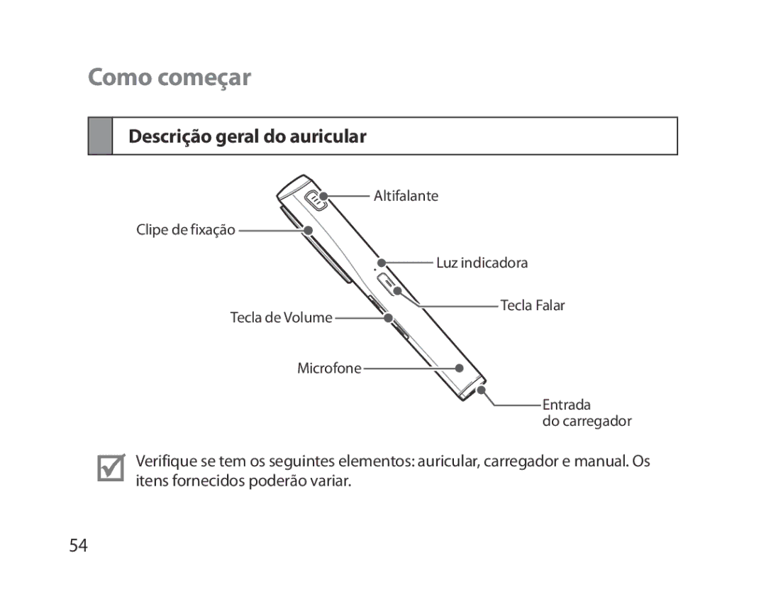 Samsung BHM5000EBECFOP, BHM5000EBECXEF, BHM5000EBECXEE, BHM5000EBECXEH manual Como começar, Descrição geral do auricular 