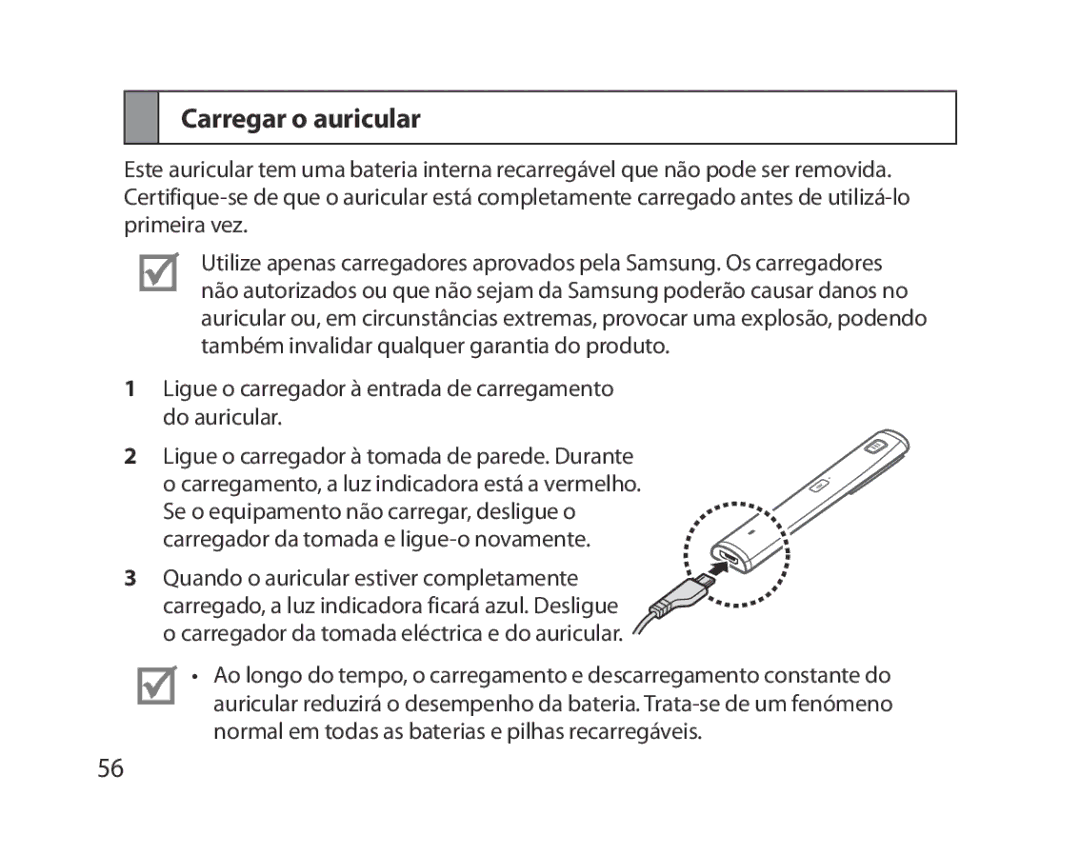 Samsung BHM5000EBECXEH, BHM5000EBECXEF, BHM5000EBECFOP, BHM5000EBECXEE, BHM5000EBRCSER manual Carregar o auricular 