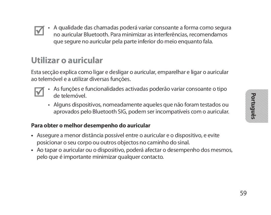 Samsung BHM5000EBECFOP, BHM5000EBECXEF, BHM5000EBECXEE Utilizar o auricular, Para obter o melhor desempenho do auricular 