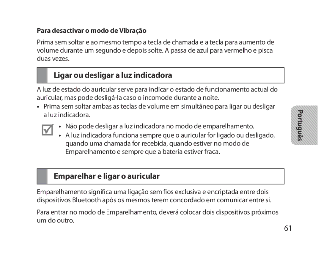 Samsung BHM5000EBECXEH, BHM5000EBECXEF, BHM5000EBECFOP Ligar ou desligar a luz indicadora, Emparelhar e ligar o auricular 