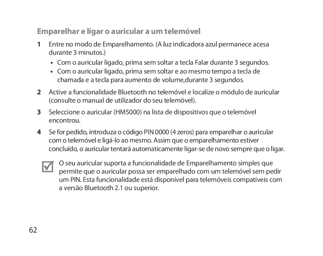 Samsung BHM5000EBRCSER, BHM5000EBECXEF, BHM5000EBECFOP, BHM5000EBECXEE manual Emparelhar e ligar o auricular a um telemóvel 