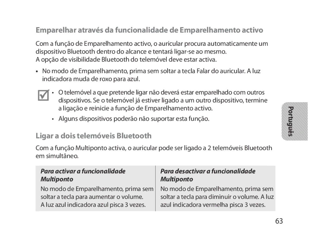 Samsung BHM5000EBECXEF, BHM5000EBECFOP manual Ligar a dois telemóveis Bluetooth, Para activar a funcionalidade Multiponto 