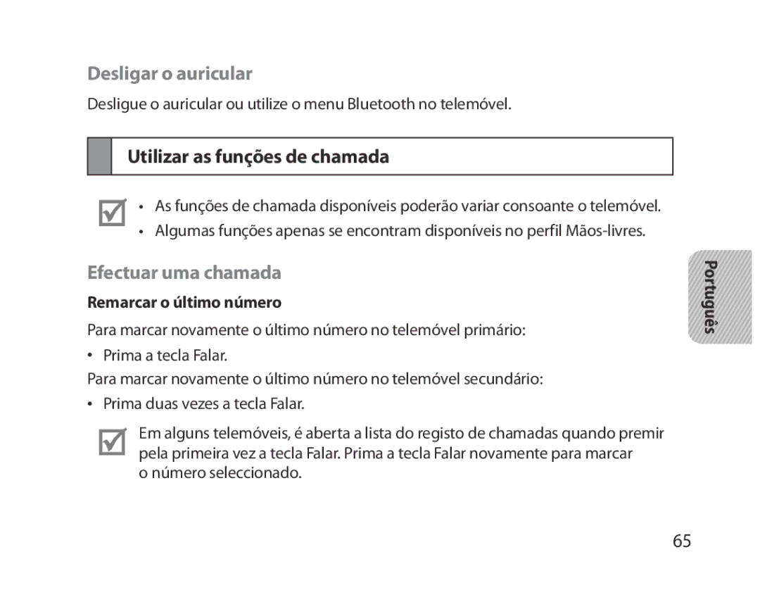 Samsung BHM5000EBECXEE, BHM5000EBECXEF manual Desligar o auricular, Utilizar as funções de chamada, Efectuar uma chamada 