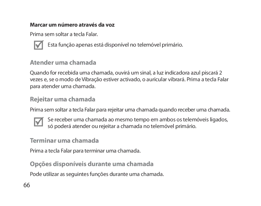 Samsung BHM5000EBECXEH Atender uma chamada, Rejeitar uma chamada, Terminar uma chamada, Marcar um número através da voz 