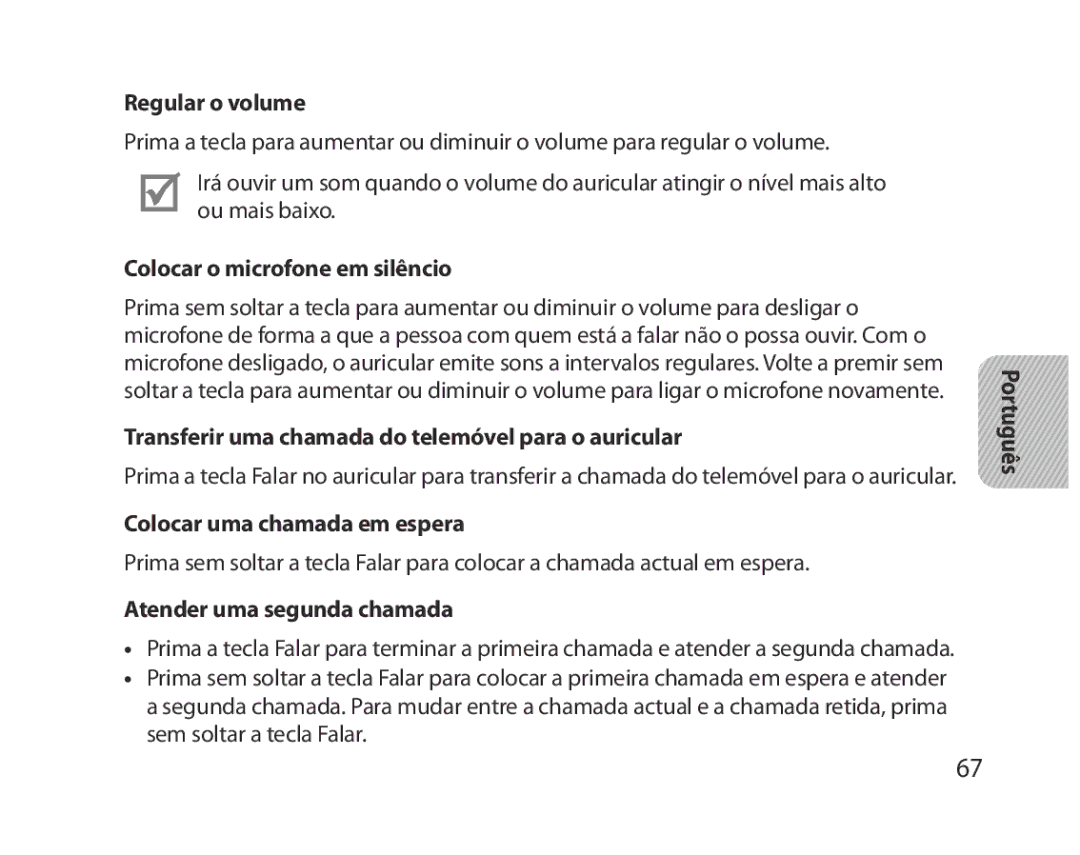 Samsung BHM5000EBRCSER, BHM5000EBECXEF Regular o volume, Colocar o microfone em silêncio, Colocar uma chamada em espera 