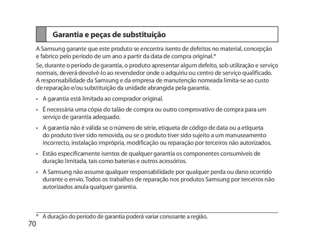 Samsung BHM5000EBECXEE, BHM5000EBECXEF, BHM5000EBECFOP, BHM5000EBECXEH, BHM5000EBRCSER manual Garantia e peças de substituição 