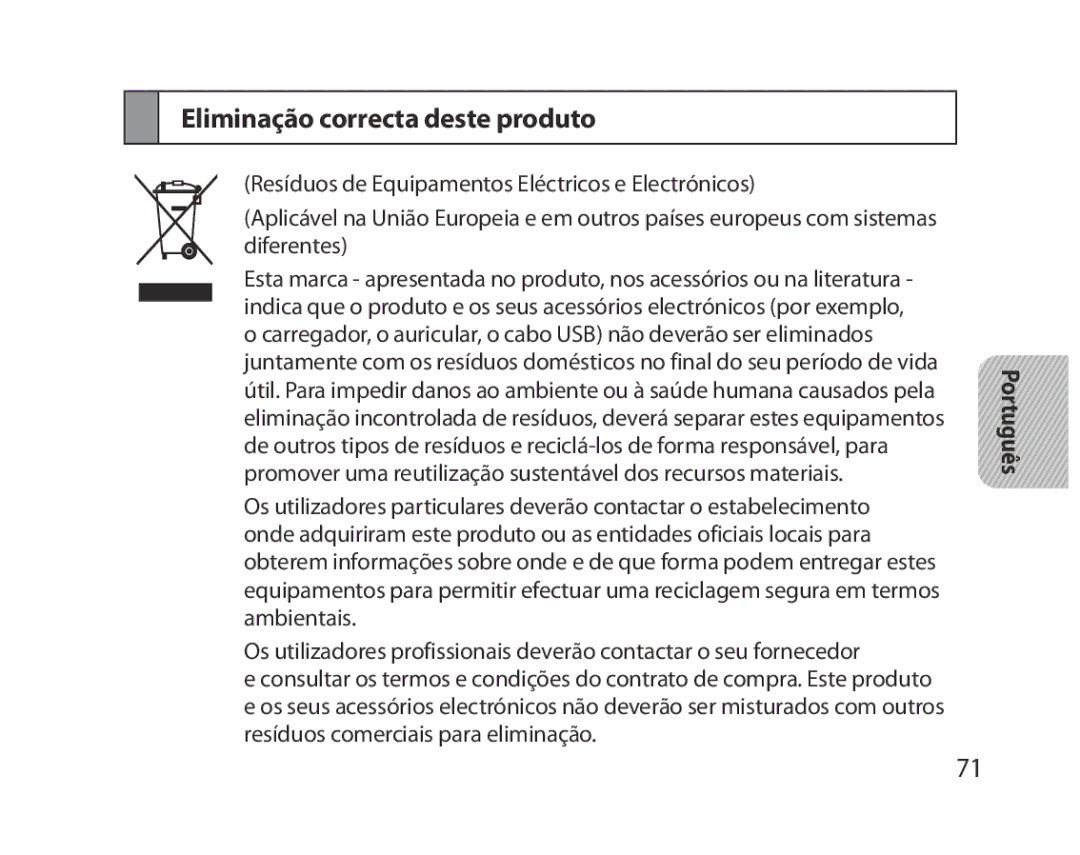 Samsung BHM5000EBECXEH, BHM5000EBECXEF, BHM5000EBECFOP, BHM5000EBECXEE, BHM5000EBRCSER manual Eliminação correcta deste produto 