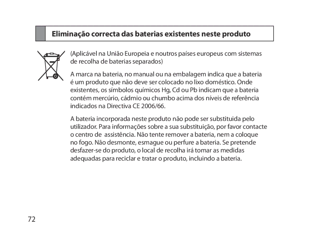 Samsung BHM5000EBRCSER, BHM5000EBECXEF, BHM5000EBECFOP manual Eliminação correcta das baterias existentes neste produto 