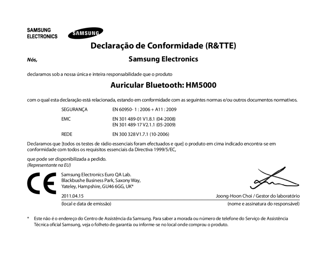 Samsung BHM5000EBECFOP, BHM5000EBECXEF, BHM5000EBECXEE, BHM5000EBECXEH, BHM5000EBRCSER manual Declaração de Conformidade R&TTE 