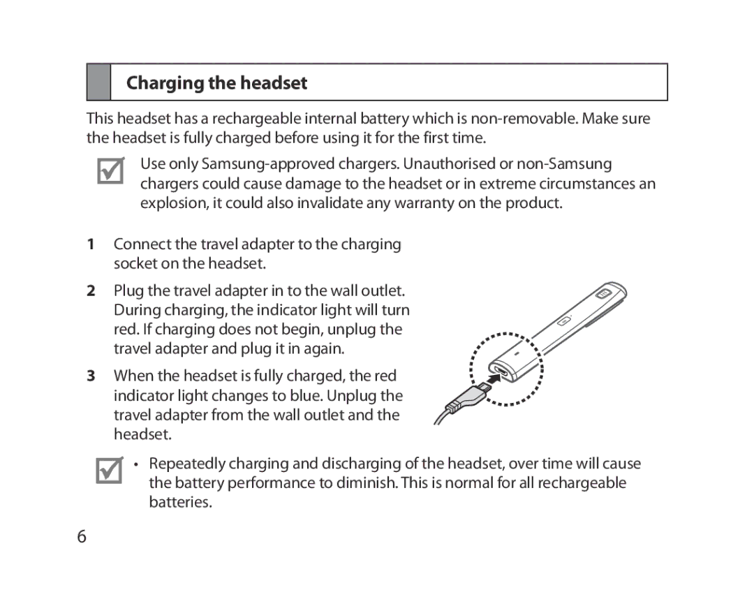 Samsung BHM5000EBECXEH, BHM5000EBECXEF, BHM5000EBECFOP, BHM5000EBECXEE, BHM5000EBRCSER manual Charging the headset 