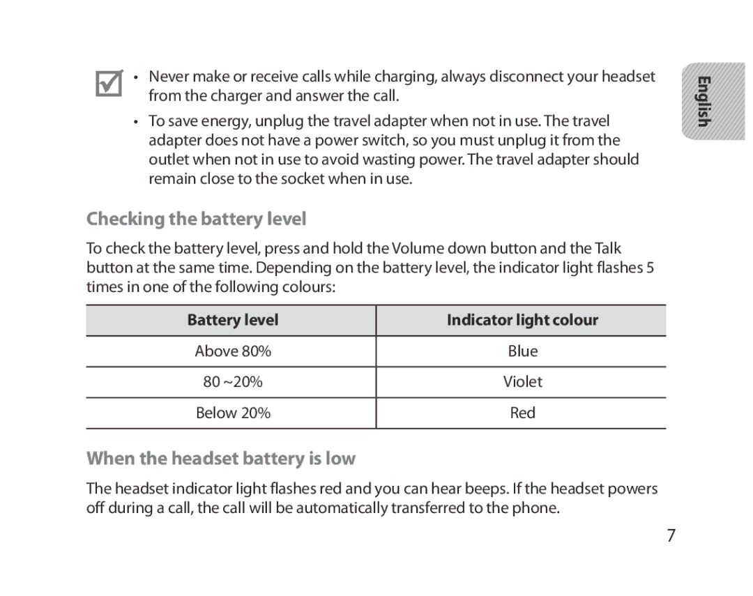 Samsung BHM5000EBRCSER Checking the battery level, When the headset battery is low, Battery level Indicator light colour 