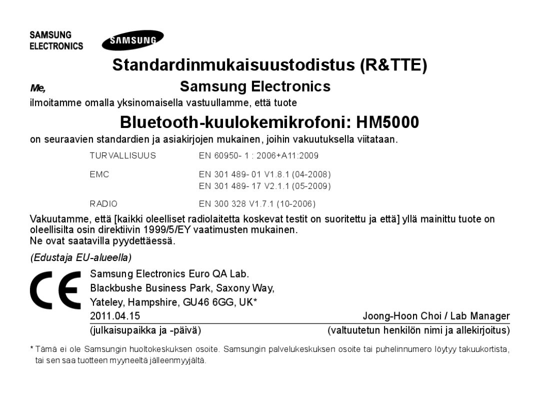 Samsung BHM5000EBECXEE, BHM5000EBECXEF, BHM5000EBECFOP, BHM5000EBECXEH, BHM5000EBRCSER manual Bluetooth-kuulokemikrofoni HM5000 