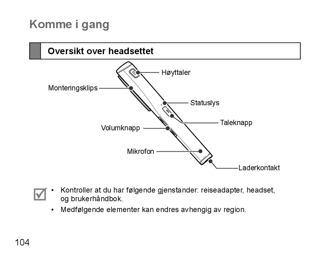 Samsung BHM5000EBECFOP, BHM5000EBECXEF, BHM5000EBECXEE, BHM5000EBECXEH, BHM5000EBRCSER Komme i gang, Oversikt over headsettet 