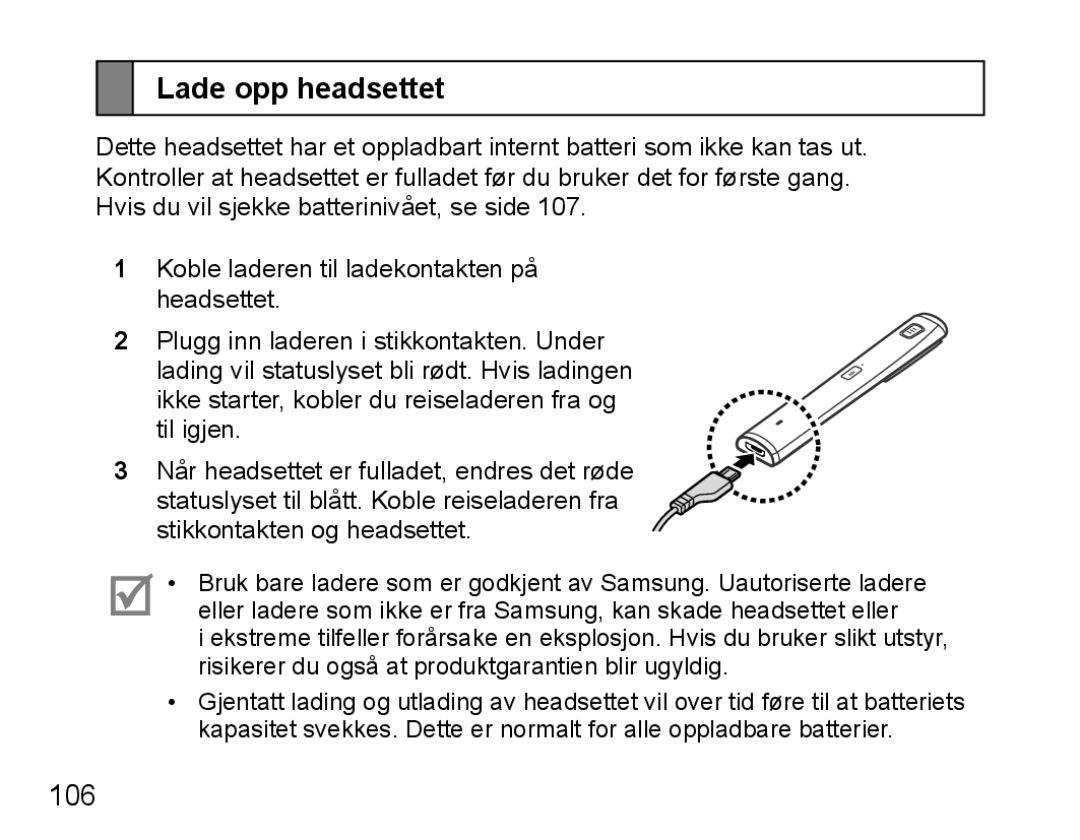 Samsung BHM5000EBECXEH, BHM5000EBECXEF, BHM5000EBECFOP, BHM5000EBECXEE, BHM5000EBRCSER manual Lade opp headsettet, 106 