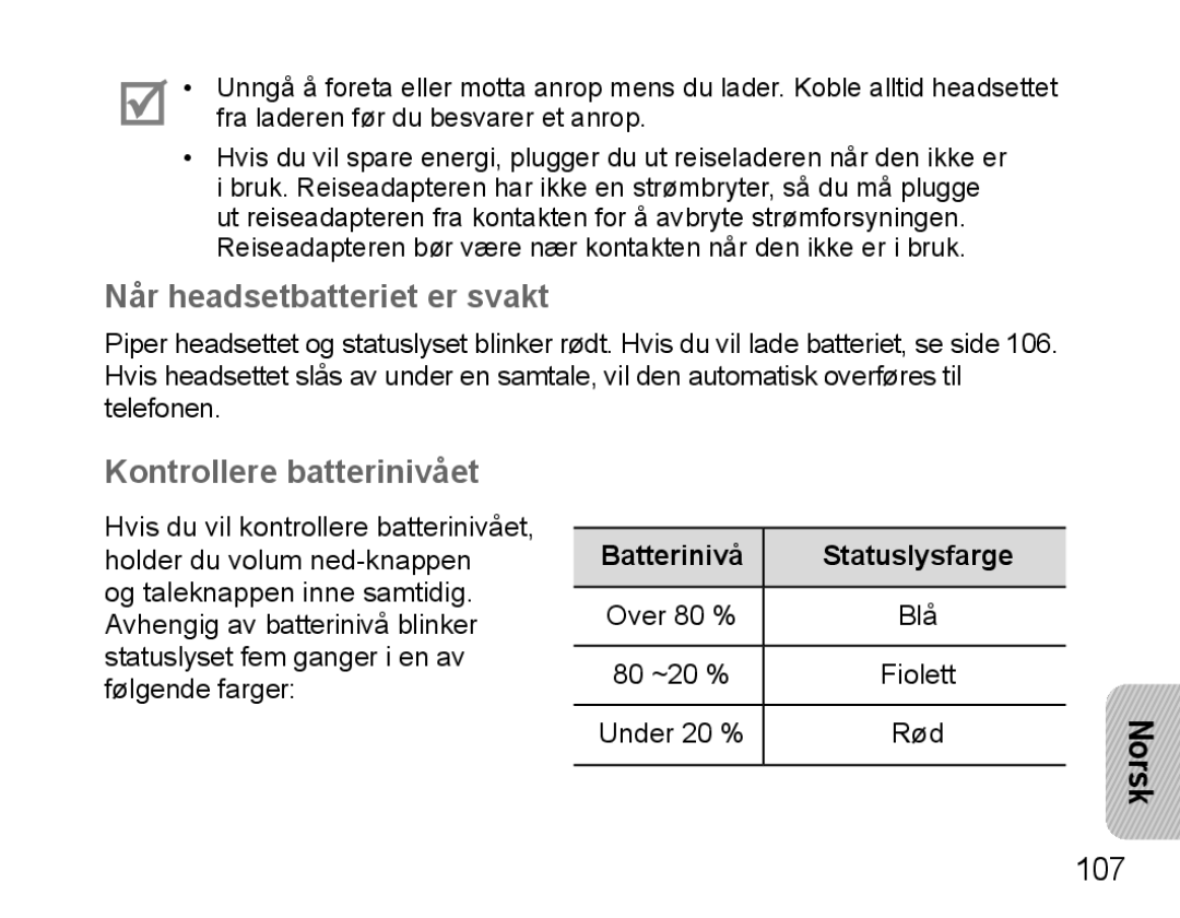 Samsung BHM5000EBRCSER, BHM5000EBECXEF, BHM5000EBECFOP, BHM5000EBECXEE Kontrollere batterinivået, Batterinivå Statuslysfarge 