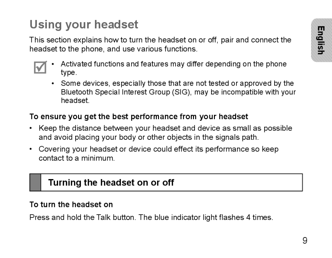 Samsung BHM5000EBECFOP, BHM5000EBECXEF manual Using your headset, Turning the headset on or off, To turn the headset on 