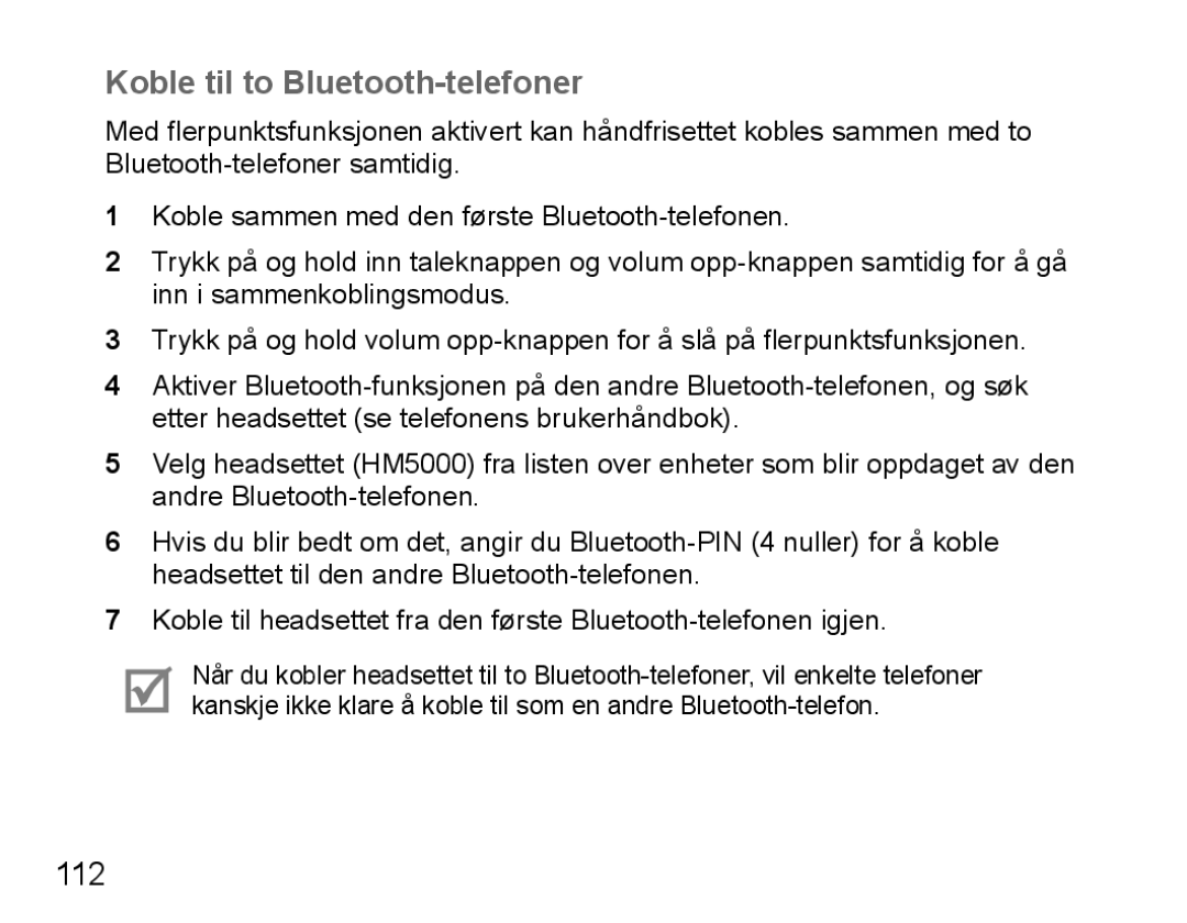 Samsung BHM5000EBRCSER, BHM5000EBECXEF, BHM5000EBECFOP, BHM5000EBECXEE, BHM5000EBECXEH Koble til to Bluetooth-telefoner, 112 