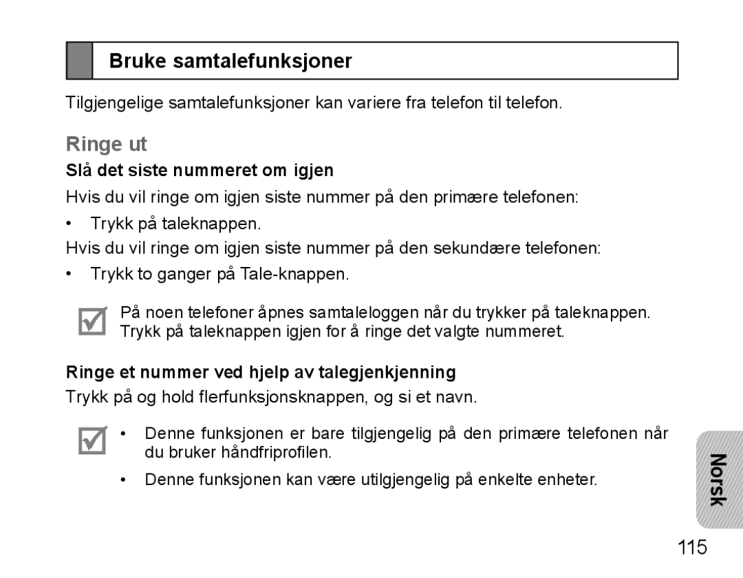 Samsung BHM5000EBECXEE, BHM5000EBECXEF, BHM5000EBECFOP Bruke samtalefunksjoner, Ringe ut, Slå det siste nummeret om igjen 