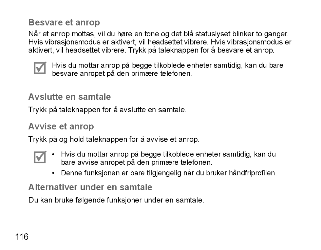 Samsung BHM5000EBECXEH manual Besvare et anrop, Avslutte en samtale, Avvise et anrop, Alternativer under en samtale 