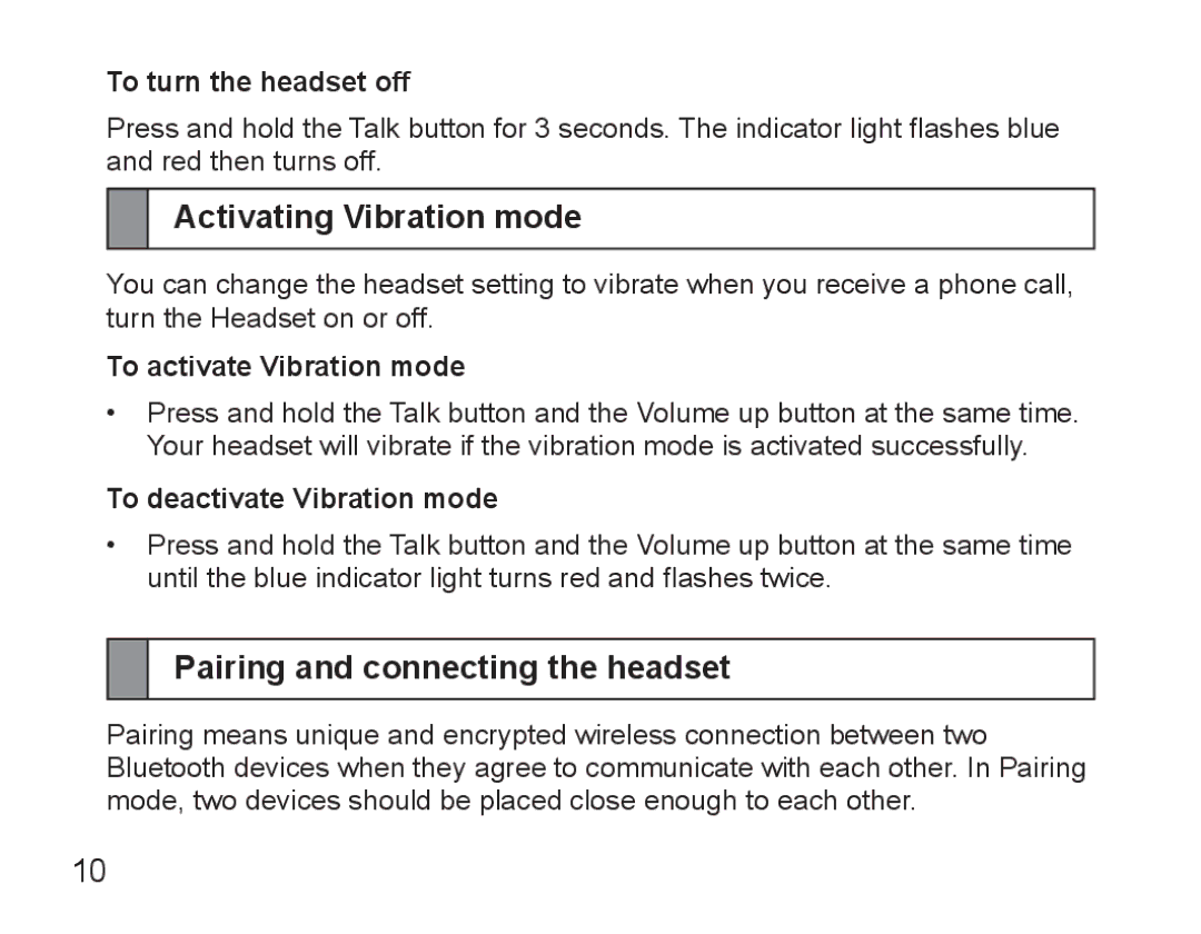 Samsung BHM5000EBECXEE manual Activating Vibration mode, Pairing and connecting the headset, To turn the headset off 