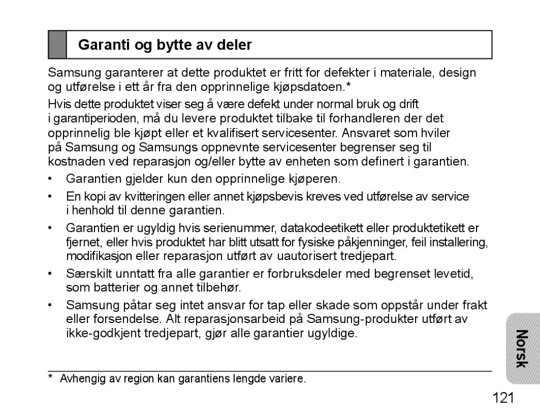 Samsung BHM5000EBECXEH, BHM5000EBECXEF, BHM5000EBECFOP, BHM5000EBECXEE, BHM5000EBRCSER manual Garanti og bytte av deler 