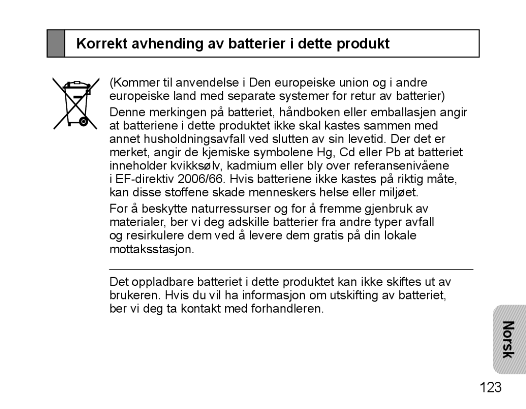 Samsung BHM5000EBECXEF, BHM5000EBECFOP, BHM5000EBECXEE, BHM5000EBECXEH Korrekt avhending av batterier i dette produkt, Norsk 