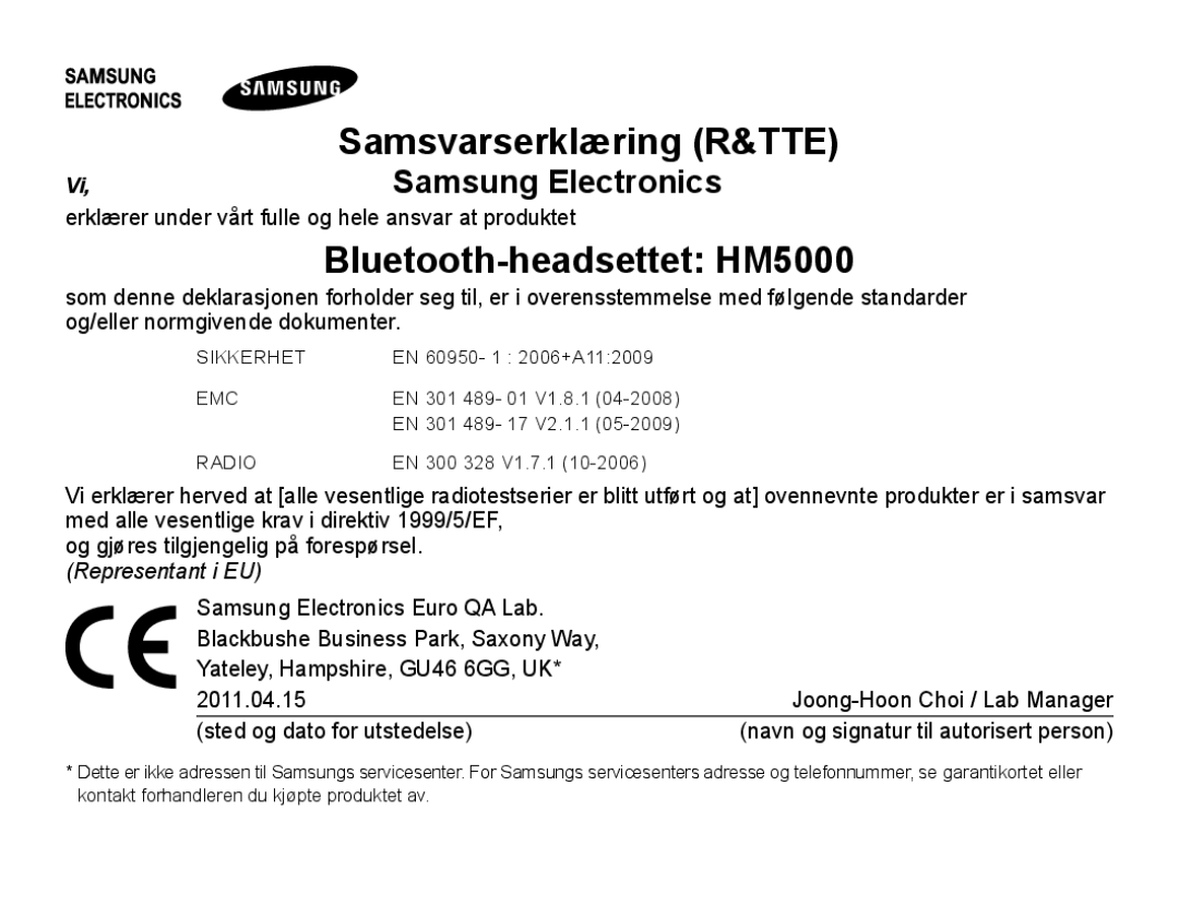 Samsung BHM5000EBECXEE, BHM5000EBECXEF, BHM5000EBECFOP, BHM5000EBECXEH, BHM5000EBRCSER manual Bluetooth-headsettet HM5000 