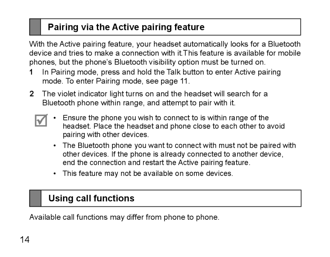 Samsung BHM5000EBECFOP, BHM5000EBECXEF, BHM5000EBECXEE manual Pairing via the Active pairing feature, Using call functions 