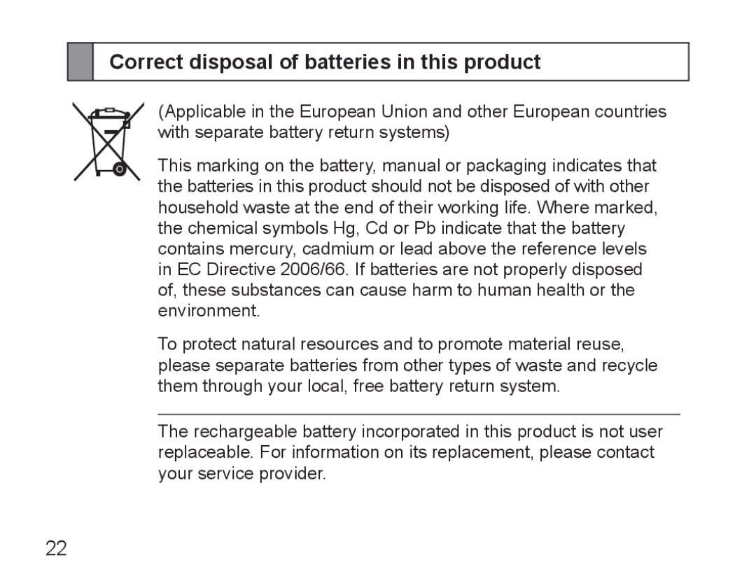 Samsung BHM5000EBRCSER, BHM5000EBECXEF, BHM5000EBECFOP, BHM5000EBECXEE manual Correct disposal of batteries in this product 