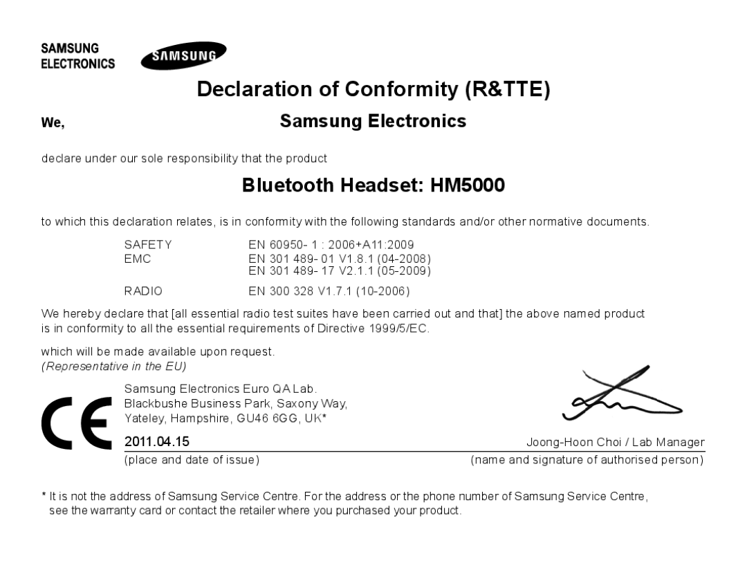 Samsung BHM5000EBECFOP, BHM5000EBECXEF manual Declaration of Conformity R&TTE, Bluetooth Headset HM5000, Samsung Electronics 