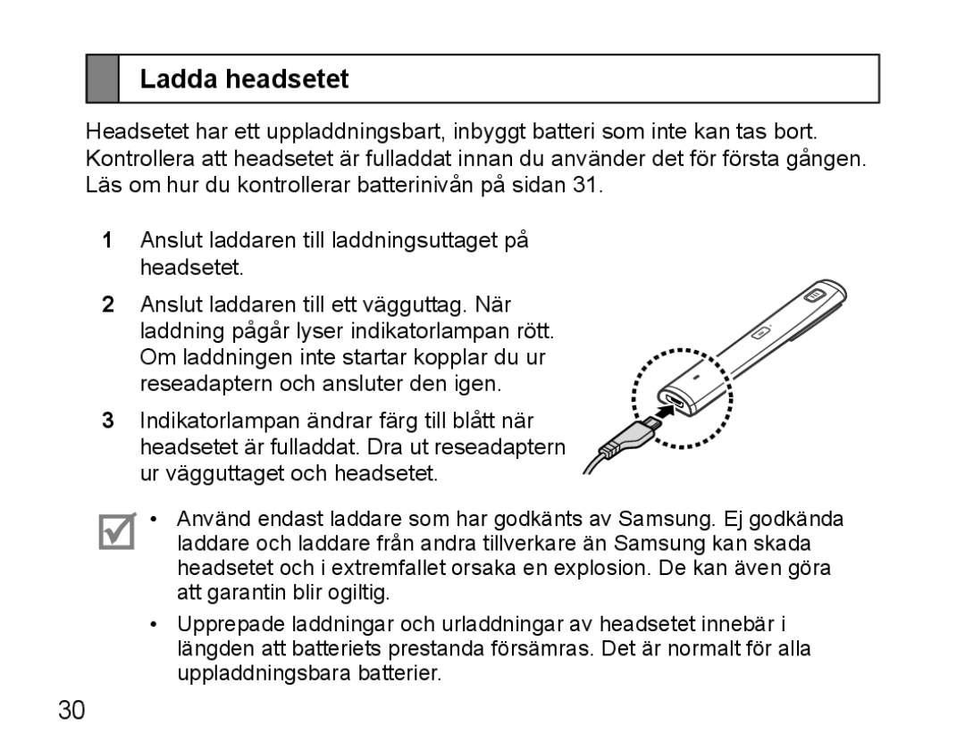 Samsung BHM5000EBECXEE, BHM5000EBECXEF, BHM5000EBECFOP, BHM5000EBECXEH, BHM5000EBRCSER manual Ladda headsetet 