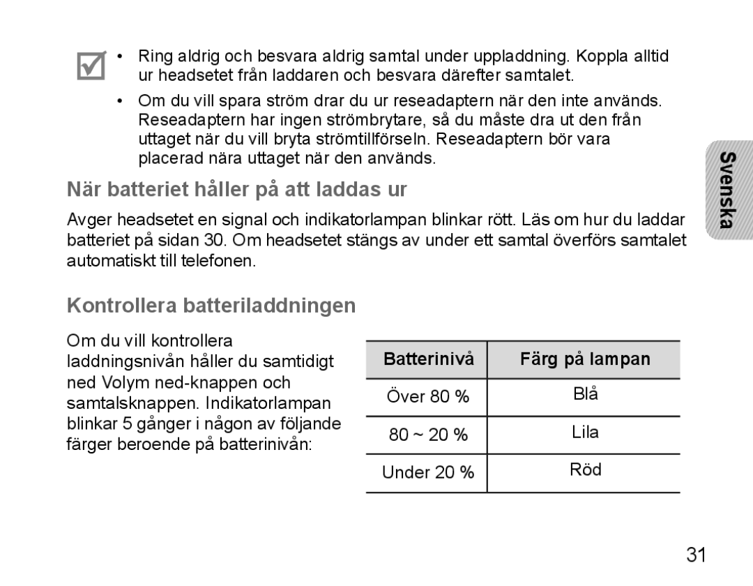 Samsung BHM5000EBECXEH, BHM5000EBECXEF, BHM5000EBECFOP När batteriet håller på att laddas ur, Batterinivå Färg på lampan 