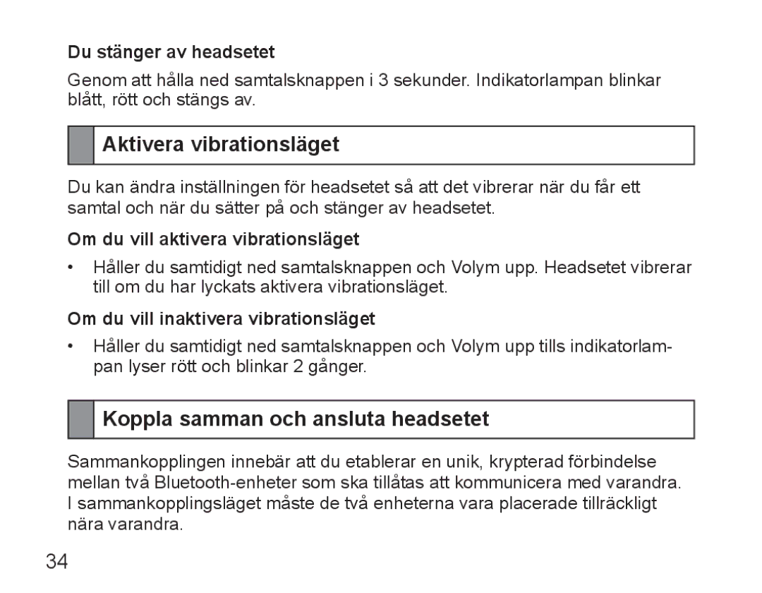 Samsung BHM5000EBECFOP manual Aktivera vibrationsläget, Koppla samman och ansluta headsetet, Du stänger av headsetet 