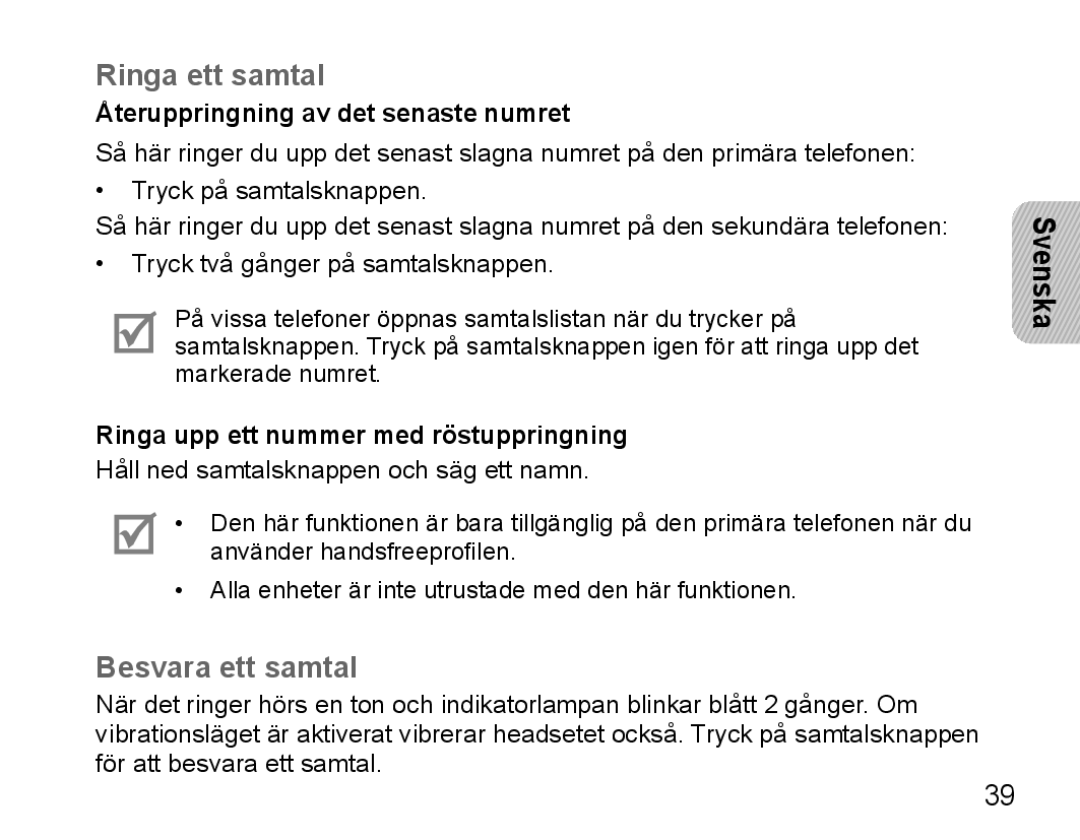 Samsung BHM5000EBECFOP, BHM5000EBECXEF manual Ringa ett samtal, Besvara ett samtal, Återuppringning av det senaste numret 