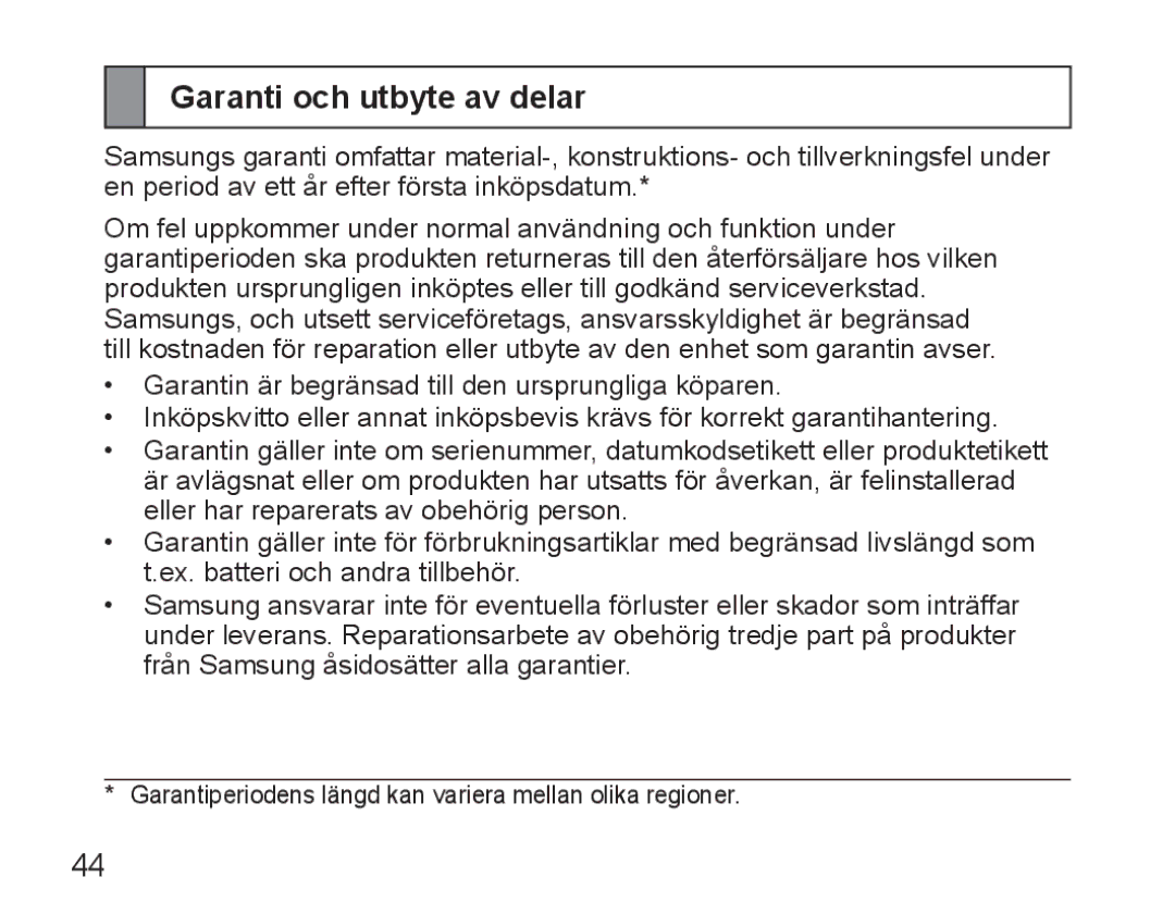 Samsung BHM5000EBECFOP, BHM5000EBECXEF, BHM5000EBECXEE, BHM5000EBECXEH, BHM5000EBRCSER manual Garanti och utbyte av delar 