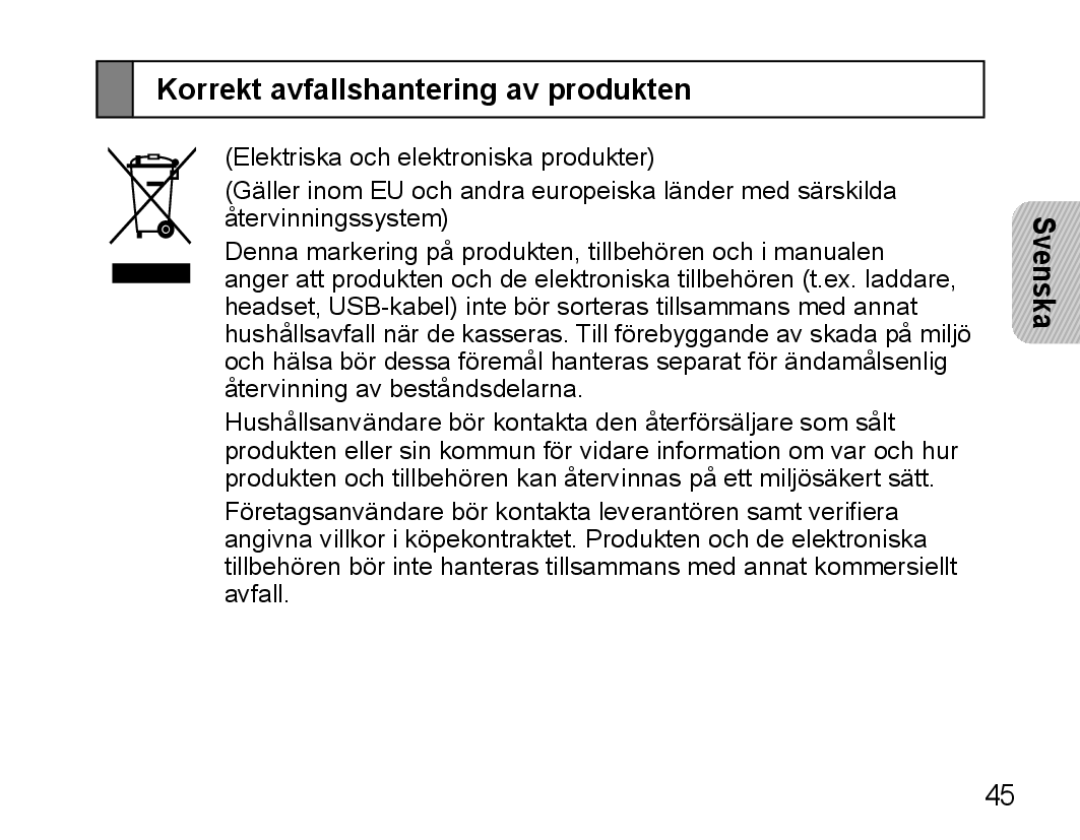 Samsung BHM5000EBECXEE, BHM5000EBECXEF, BHM5000EBECFOP, BHM5000EBECXEH, BHM5000EBRCSER Korrekt avfallshantering av produkten 