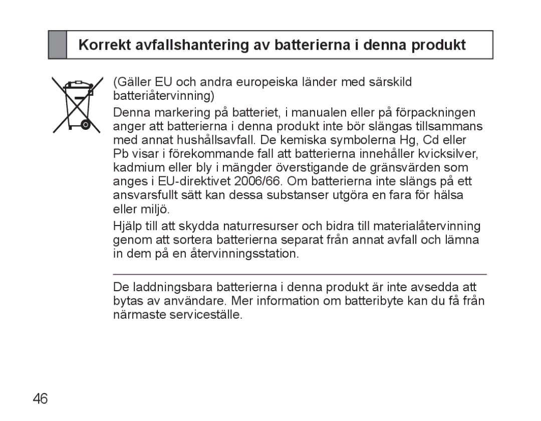 Samsung BHM5000EBECXEH, BHM5000EBECXEF, BHM5000EBECFOP manual Korrekt avfallshantering av batterierna i denna produkt 