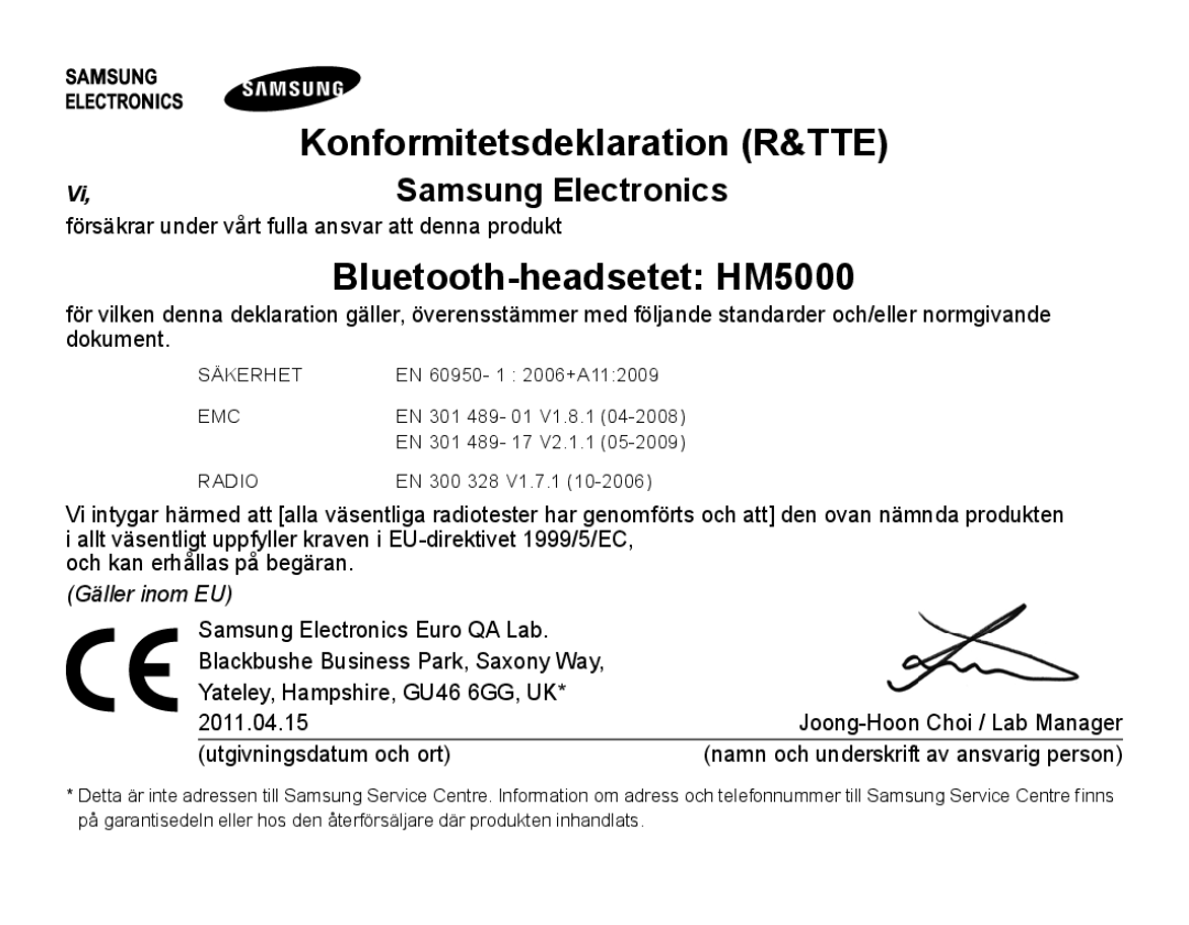 Samsung BHM5000EBECXEF, BHM5000EBECFOP, BHM5000EBECXEE, BHM5000EBECXEH, BHM5000EBRCSER manual Bluetooth-headsetet HM5000 