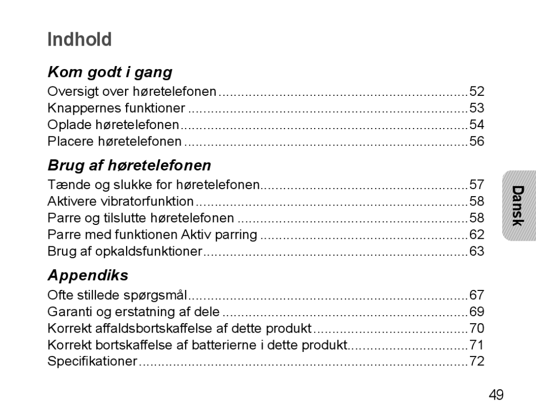 Samsung BHM5000EBECFOP, BHM5000EBECXEF, BHM5000EBECXEE, BHM5000EBECXEH, BHM5000EBRCSER manual Indhold, Dansk 