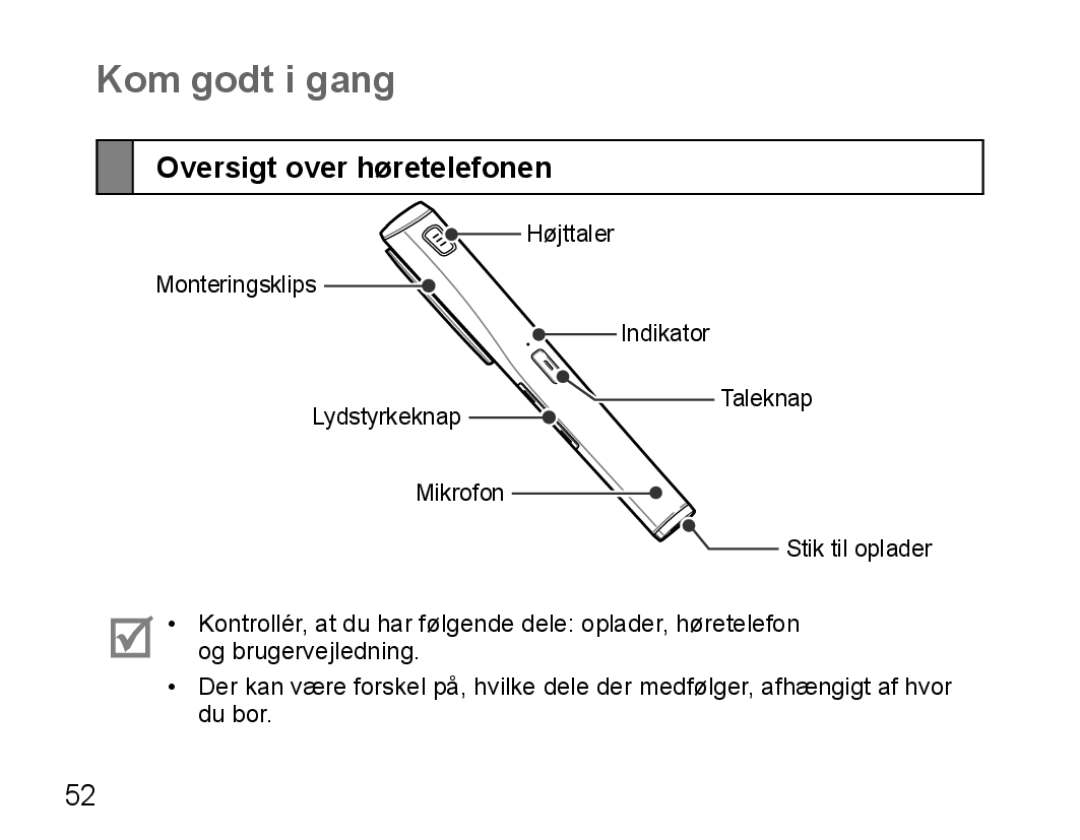 Samsung BHM5000EBRCSER, BHM5000EBECXEF, BHM5000EBECFOP, BHM5000EBECXEE manual Kom godt i gang, Oversigt over høretelefonen 