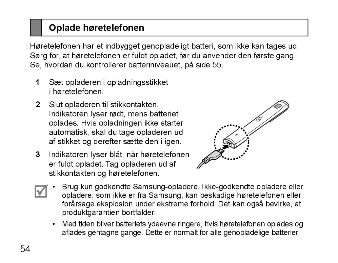 Samsung BHM5000EBECFOP, BHM5000EBECXEF, BHM5000EBECXEE, BHM5000EBECXEH, BHM5000EBRCSER manual Oplade høretelefonen 