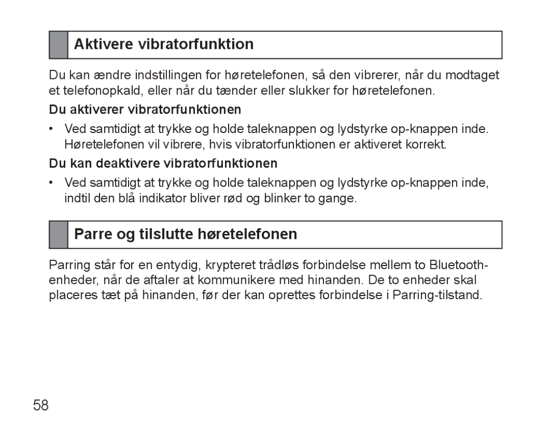 Samsung BHM5000EBECXEF manual Aktivere vibratorfunktion, Parre og tilslutte høretelefonen, Du aktiverer vibratorfunktionen 