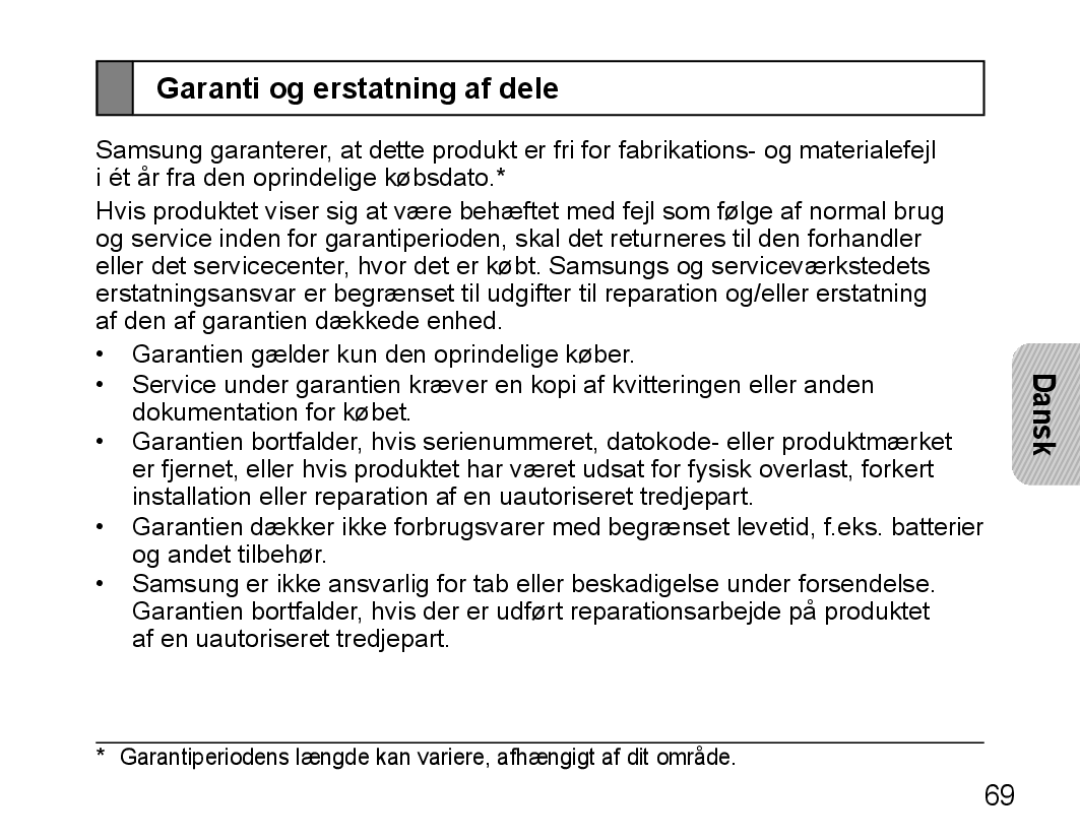 Samsung BHM5000EBECFOP, BHM5000EBECXEF, BHM5000EBECXEE, BHM5000EBECXEH, BHM5000EBRCSER manual Garanti og erstatning af dele 