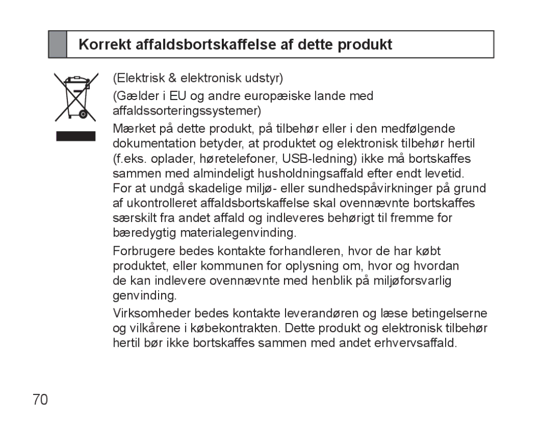 Samsung BHM5000EBECXEE, BHM5000EBECXEF, BHM5000EBECFOP, BHM5000EBECXEH manual Korrekt affaldsbortskaffelse af dette produkt 