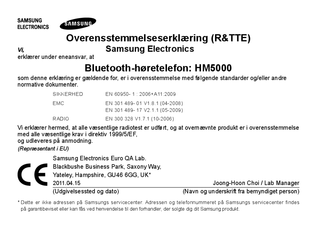 Samsung BHM5000EBECFOP, BHM5000EBECXEF, BHM5000EBECXEE, BHM5000EBECXEH, BHM5000EBRCSER manual Bluetooth-høretelefon HM5000 