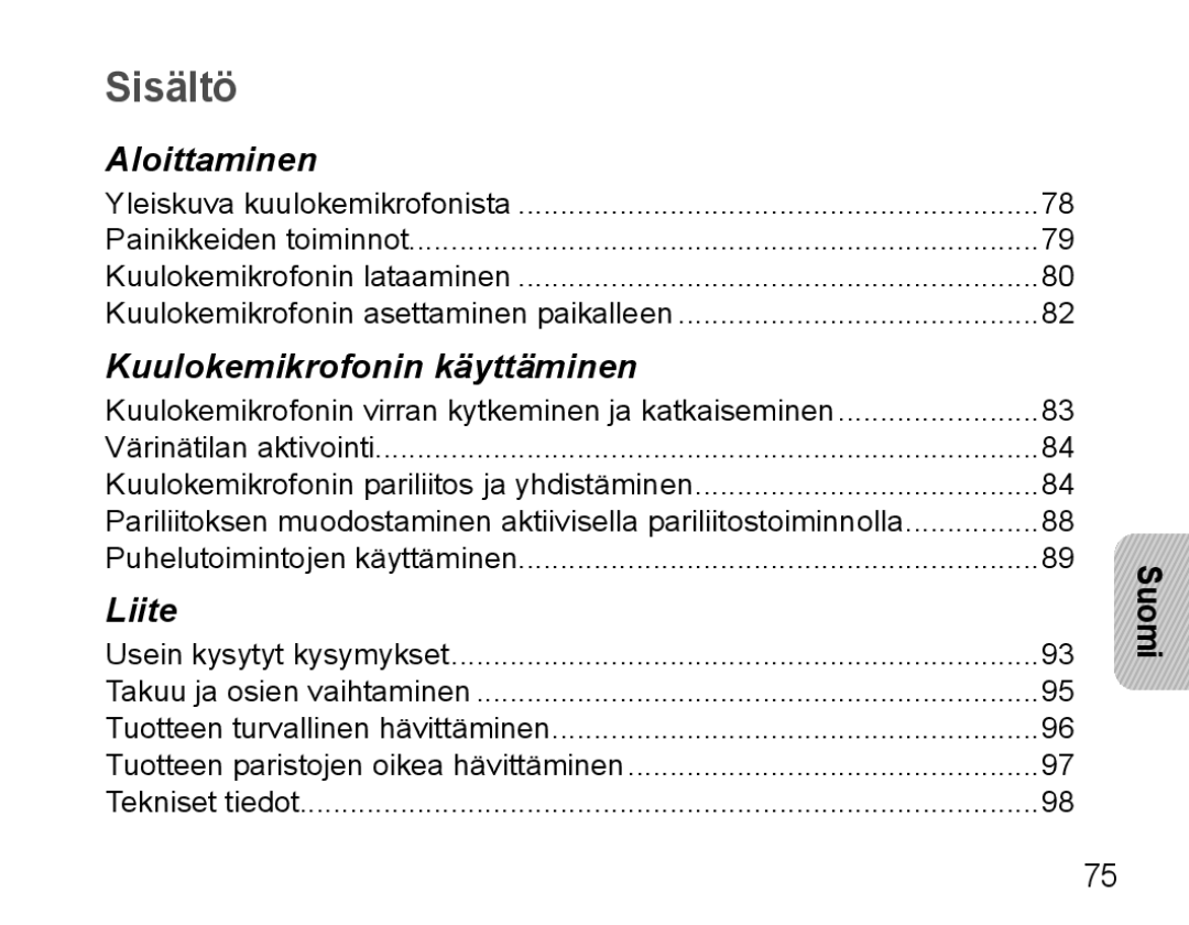 Samsung BHM5000EBECXEE, BHM5000EBECXEF, BHM5000EBECFOP, BHM5000EBECXEH, BHM5000EBRCSER manual Sisältö, Suomi 