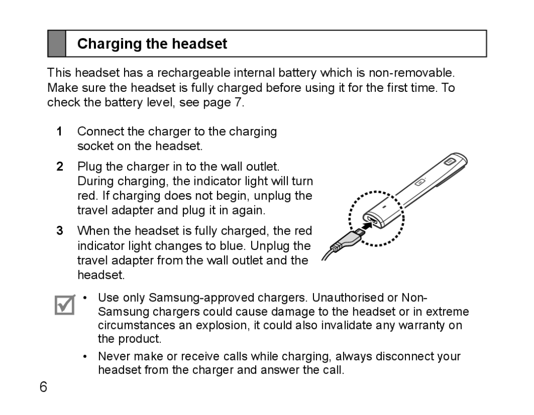 Samsung BHM5000EBECXEH, BHM5000EBECXEF, BHM5000EBECFOP, BHM5000EBECXEE, BHM5000EBRCSER manual Charging the headset 