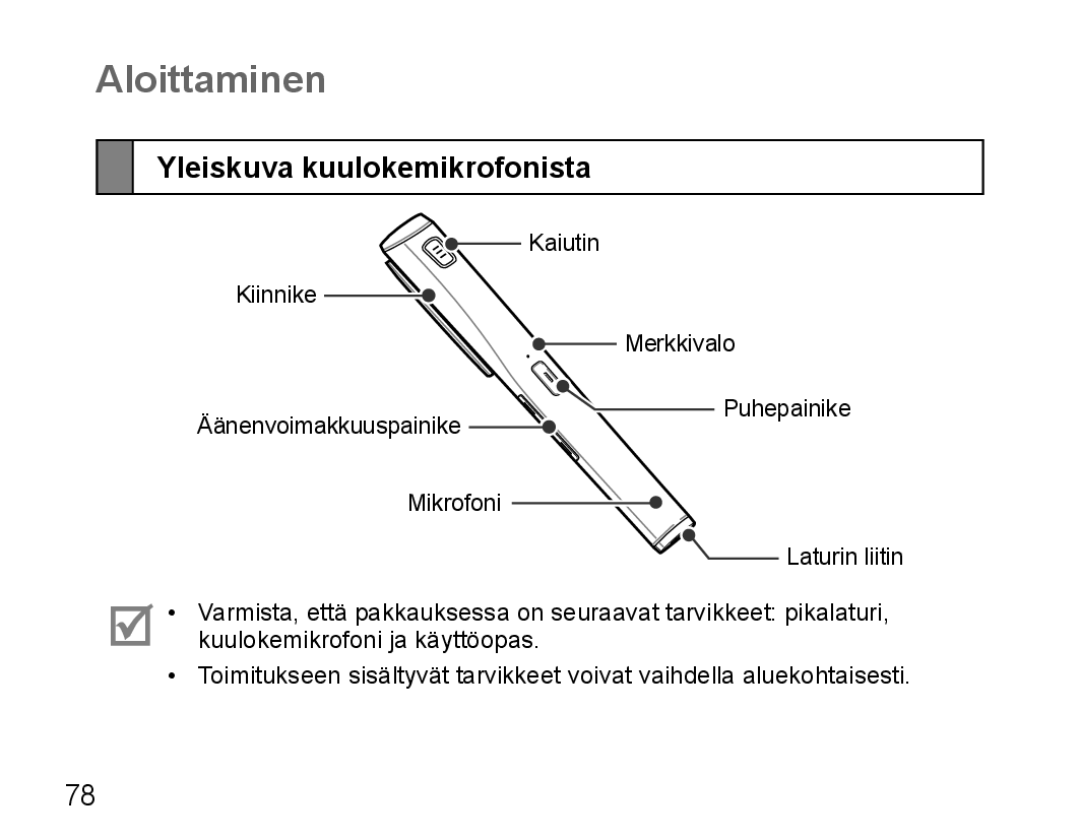 Samsung BHM5000EBECXEF, BHM5000EBECFOP, BHM5000EBECXEE, BHM5000EBECXEH manual Aloittaminen, Yleiskuva kuulokemikrofonista 