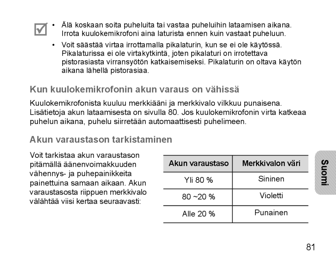 Samsung BHM5000EBECXEH, BHM5000EBECXEF manual Kun kuulokemikrofonin akun varaus on vähissä, Akun varaustason tarkistaminen 